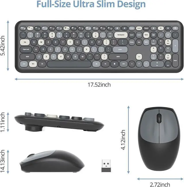 Alt view image 6 of 7 - Black White Wireless Keyboard and Mouse Combo, 2.4GHz Retro Typewriter Keyboard, Full Size Cute Key Board with Number Pad, Home and Office Silent Keyboards (Black Mixed)