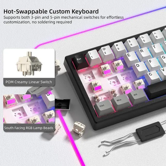 Alt view image 3 of 6 - Womier Wireless 60% Gaming Keyboard with CNC Knob Mechanical Keyboard | QMK/VIA Creamy Mechanical Keyboard,Tri-Mode Thocky Custom Black White Key Board,Hot Swap Gasket Mount RGB for Win/Mac-Q61 V2