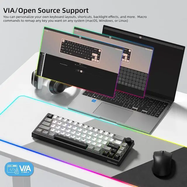 Alt view image 5 of 6 - Womier Wireless 60% Gaming Keyboard with CNC Knob Mechanical Keyboard | QMK/VIA Creamy Mechanical Keyboard,Tri-Mode Thocky Custom Black White Key Board,Hot Swap Gasket Mount RGB for Win/Mac-Q61 V2