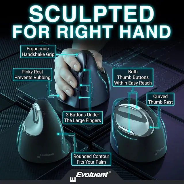 Alt view image 3 of 7 - Evoluent Inventor of the Vertical Mouse VM4RW Ergonomic Vertical Mouse Right Hand Regular Size Wireless USB, Sculpted for Comfort, Reduces Wrist Strain, 4 Speeds, 6 Customizable Buttons in Windows