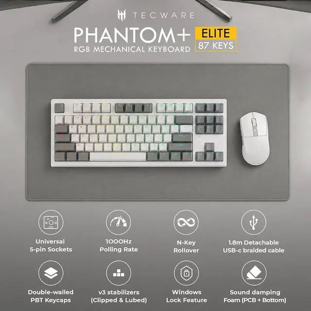 Alt view image 2 of 7 - TECWARE Phantom+ Elite 87 Key RGB Mechanical Gaming Keyboard | 3 Mode Wireless Bluetooth 5.0 2.4GHz & USB C Wired | Hot Swappable 5 Pin | Double Shot PBT Keycaps | Wraith Red Switch - White