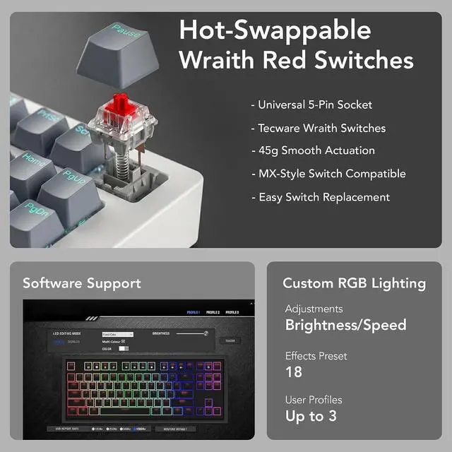 Alt view image 5 of 7 - TECWARE Phantom+ Elite 87 Key RGB Mechanical Gaming Keyboard | 3 Mode Wireless Bluetooth 5.0 2.4GHz & USB C Wired | Hot Swappable 5 Pin | Double Shot PBT Keycaps | Wraith Red Switch - White