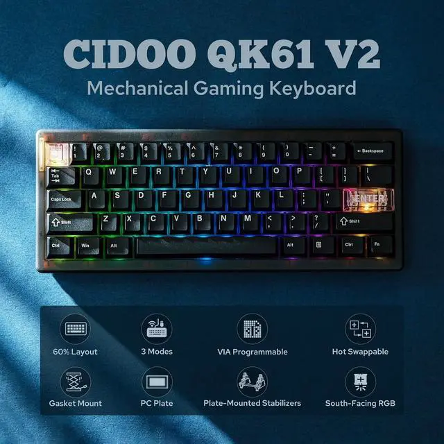Alt view image 2 of 7 - MechLands CIDOO QK61 V2 VIA Programmable 60% Compact Keyboard, USB-C/BT5.0/2.4Ghz Wireless, Hot Swappable Custom Mechanical Keyboard with Gasket Mounted, PC Plate, 3000mAh Battery for Win/Mac (Black)