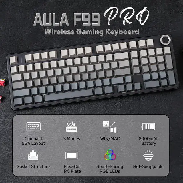 Alt view image 2 of 7 - MechLands Aula F99 PRO 96% Mechanical Gaming Keyboard, BT5.0/USB-C/2.4GHz | Wireless Custom Keyboard w/ 8000mAH Battery, Creamy Gasket, Hot Swappable, Rotary Knob, RGB Backlit for Win/Mac (Grey)