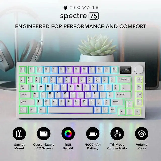 Alt view image 2 of 7 - TECWARE Spectre 75% RGB Wireless White Mechanical Gaming Keyboard | Customizable LCD Screen | Tri-Mode Bluetooth | Gasket Mount | Hot Swappable Sockets | Creamy Thocky | Candy Red Linear Switches
