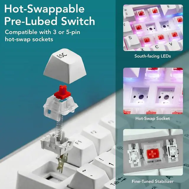 Alt view image 4 of 7 - TECWARE Spectre 75% RGB Wireless White Mechanical Gaming Keyboard | Customizable LCD Screen | Tri-Mode Bluetooth | Gasket Mount | Hot Swappable Sockets | Creamy Thocky | Candy Red Linear Switches