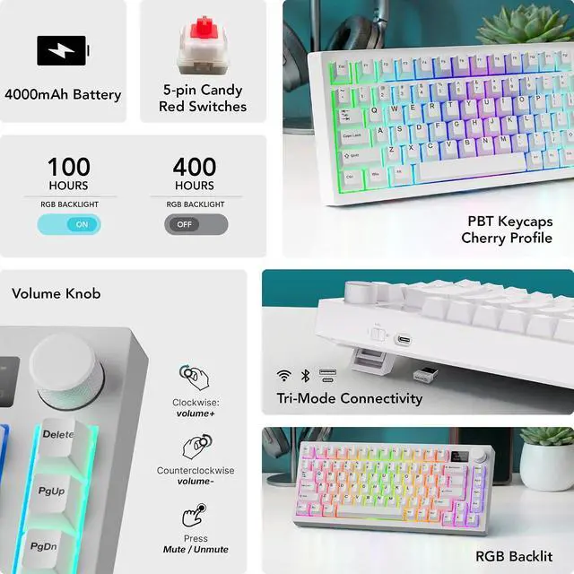 Alt view image 3 of 7 - TECWARE Spectre 75% RGB Wireless White Mechanical Gaming Keyboard | Customizable LCD Screen | Tri-Mode Bluetooth | Gasket Mount | Hot Swappable Sockets | Creamy Thocky | Candy Red Linear Switches