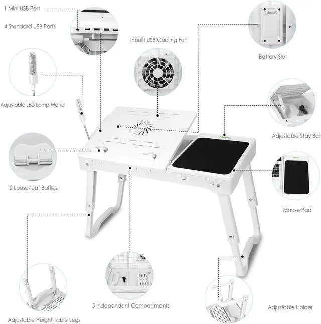 Alt view image 7 of 7 - TeqHome Laptop Table for Bed, Adjustable Laptop Bed Desk with Fan, 4 USB Ports, Portable Lap Desk with Foldable Legs, Laptops Stand for Couch Sofa Bed Tray with LED Light, Storage, Mouse Pad - White