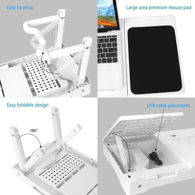 Alt view image 4 of 7 - TeqHome Laptop Table for Bed, Adjustable Laptop Bed Desk with Fan, 4 USB Ports, Portable Lap Desk with Foldable Legs, Laptops Stand for Couch Sofa Bed Tray with LED Light, Storage, Mouse Pad - White