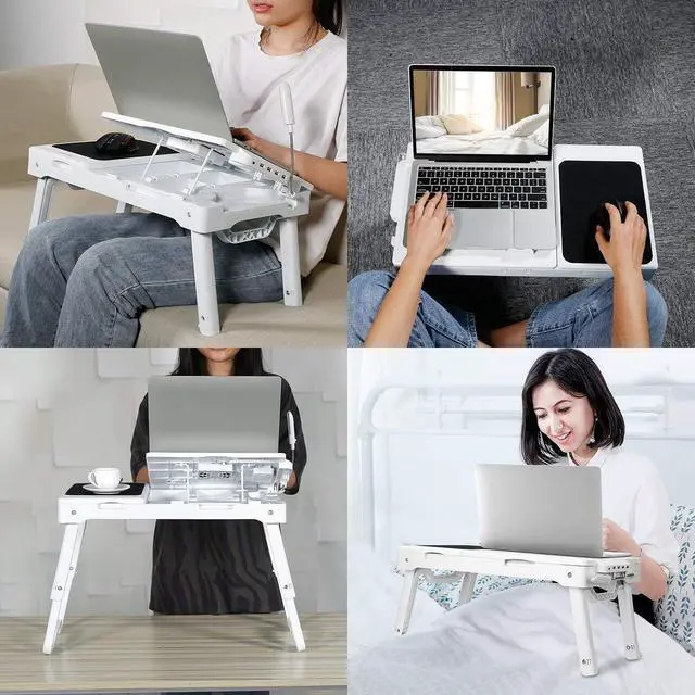 Alt view image 5 of 7 - TeqHome Laptop Table for Bed, Adjustable Laptop Bed Desk with Fan, 4 USB Ports, Portable Lap Desk with Foldable Legs, Laptops Stand for Couch Sofa Bed Tray with LED Light, Storage, Mouse Pad - White