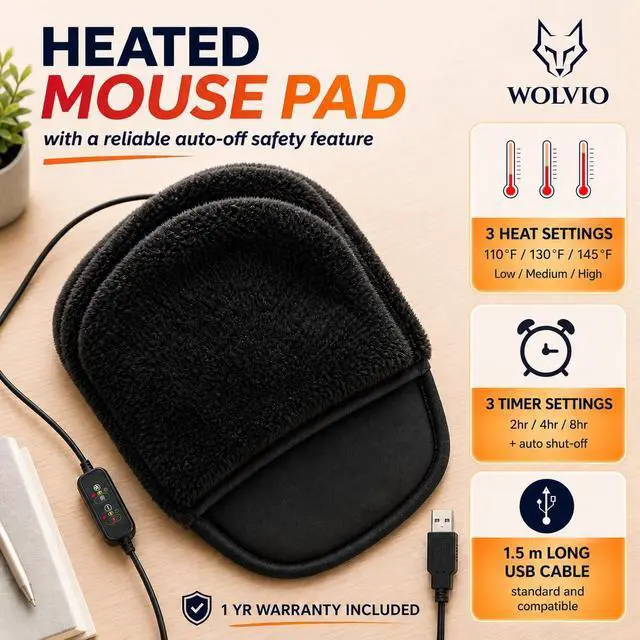 Alt view image 2 of 7 - Heated Mouse Pad, USB Mouse Hand Warmer, Wrist Rest, 3 Heat Levels