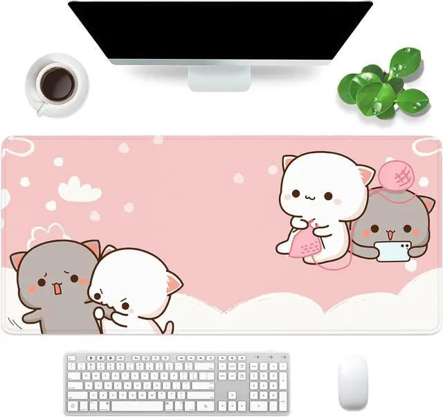 Main image of Pink Large Gaming Mouse Pad Kawaii Desk Pad XXL Cute Cat Mouse Mat 35x15.7x0.12 inch Desk Accessories (Pink Cat -2)