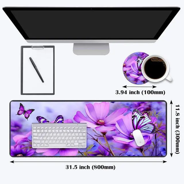 Alt view image 2 of 7 - Desk Pad Mat Gaming Mouse Pads with Coasters,Stitched Edges Design Mouse Pad XXL Large Mouse Pad for Laptop Computers Purple Flowers and Butterflies Desk Writing Mat for Office & Home