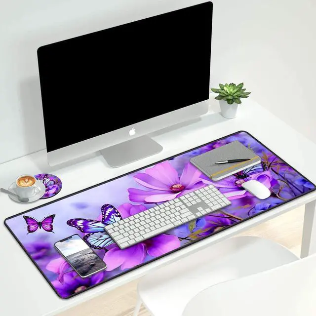 Alt view image 4 of 7 - Desk Pad Mat Gaming Mouse Pads with Coasters,Stitched Edges Design Mouse Pad XXL Large Mouse Pad for Laptop Computers Purple Flowers and Butterflies Desk Writing Mat for Office & Home