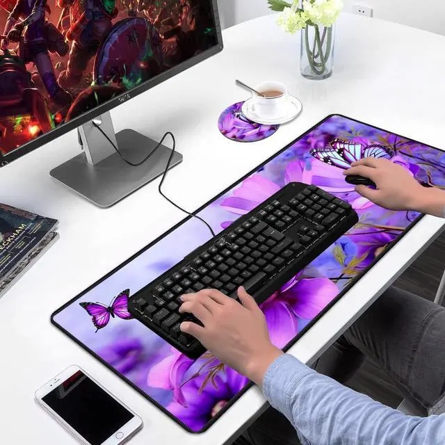 Alt view image 7 of 7 - Desk Pad Mat Gaming Mouse Pads with Coasters,Stitched Edges Design Mouse Pad XXL Large Mouse Pad for Laptop Computers Purple Flowers and Butterflies Desk Writing Mat for Office & Home