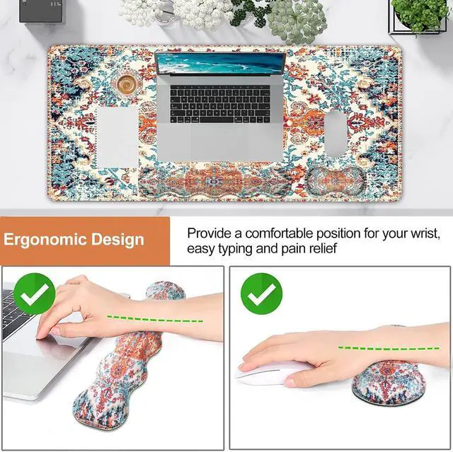 Alt view image 6 of 7 - iLeadon Keyboard Mouse Pad Set, Large Boho Desk Mat with Wrist Rest | Large Gaming Mouse Pad, wrist rest, Wrist support, coaster, Easy Typing Pain Relief,Desk Mat for Home Office,35.4x15.7in