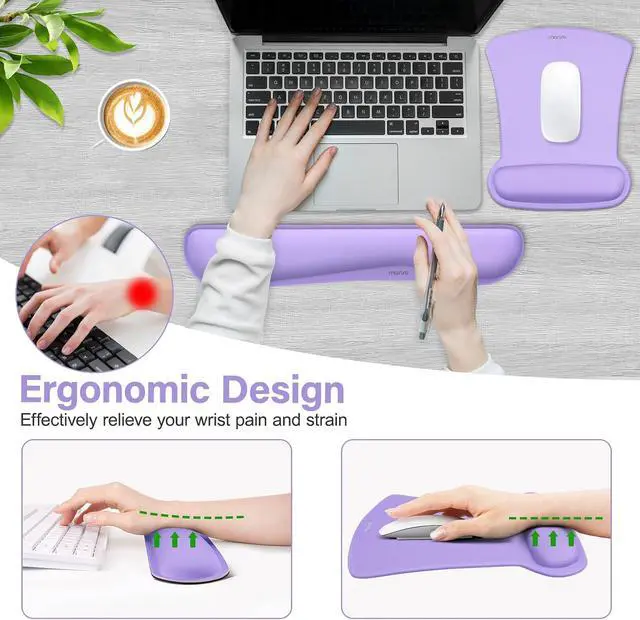 Alt view image 3 of 7 - MOSISO Wrist Rest Support for Mouse Pad & Keyboard Set, Ergonomic Mousepad Non-Slip Base Home/Office Pain Relief & Easy Typing Cushion with Neoprene Cloth & Raised Memory Foam, Light Purple