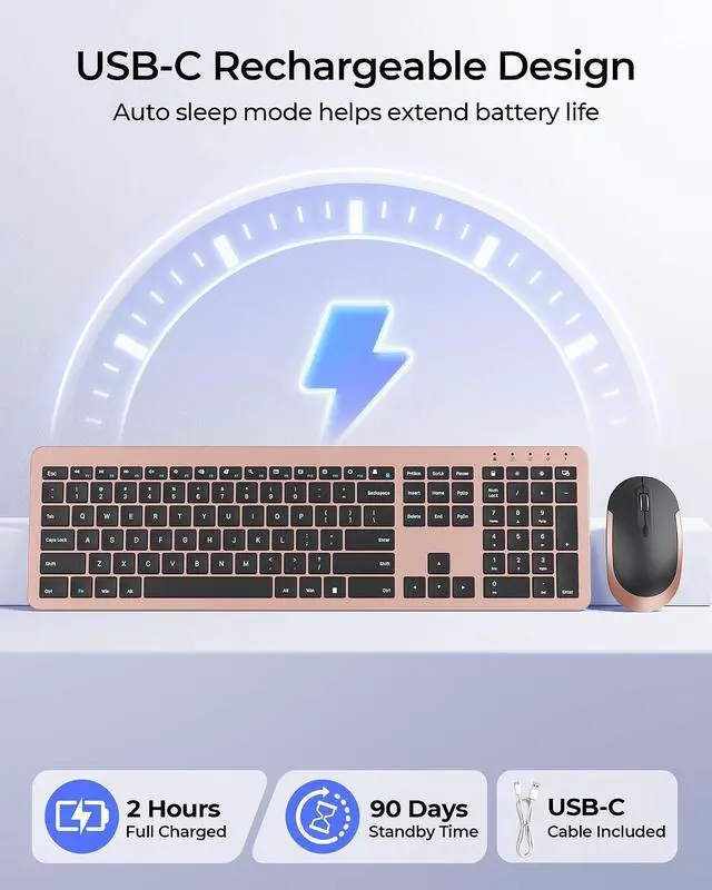 Alt view image 3 of 7 - seenda Rechargeable Wireless Keyboard and Mouse Combo, Rose Gold & Black | Quiet, slim full-size keyboard with numpad, 2.4GHz USB receiver, USB-C charging, 3-level DPI mouse for Windows PCs/laptops