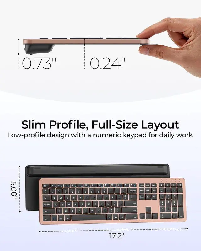 Alt view image 5 of 7 - seenda Rechargeable Wireless Keyboard and Mouse Combo, Rose Gold & Black | Quiet, slim full-size keyboard with numpad, 2.4GHz USB receiver, USB-C charging, 3-level DPI mouse for Windows PCs/laptops