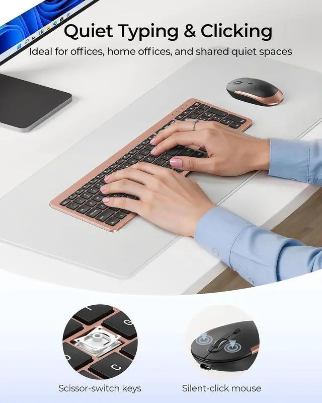 Alt view image 4 of 7 - seenda Rechargeable Wireless Keyboard and Mouse Combo, Rose Gold & Black | Quiet, slim full-size keyboard with numpad, 2.4GHz USB receiver, USB-C charging, 3-level DPI mouse for Windows PCs/laptops