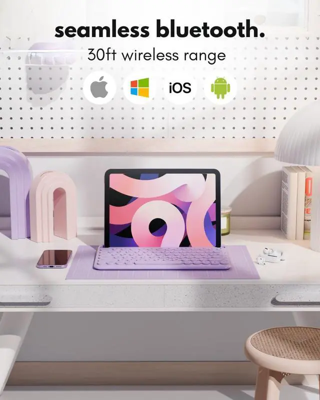 Alt view image 2 of 7 - Macally Small Wireless Bluetooth Keyboard for iPad mini/Air/Pro, iPhone, Tablet, and Phone - 78 Key iPad Keyboard with Built-in Stand - Universal Compatible Multi Device - Purple