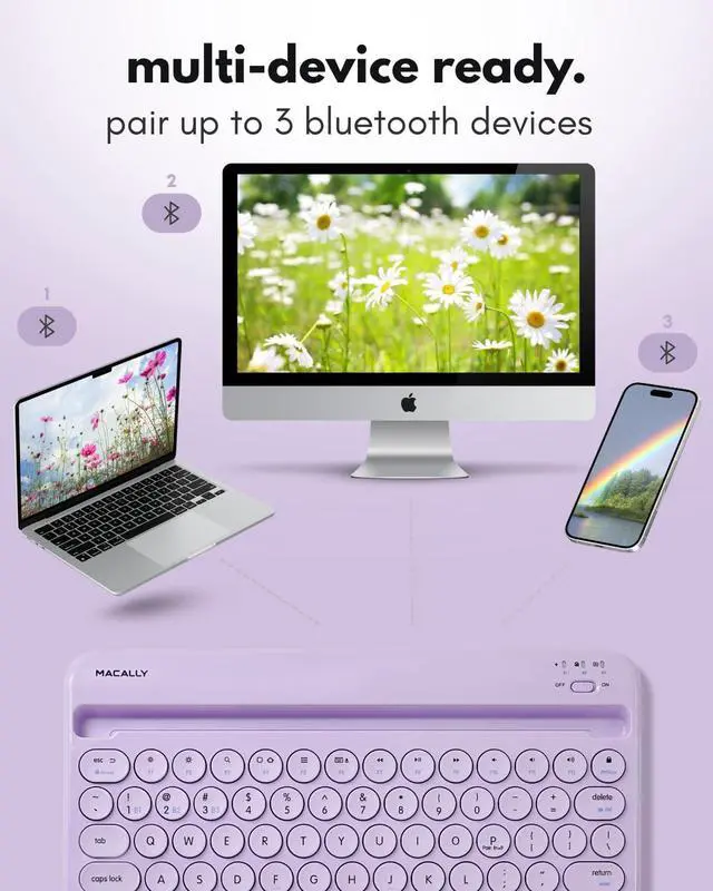 Alt view image 3 of 7 - Macally Small Wireless Bluetooth Keyboard for iPad mini/Air/Pro, iPhone, Tablet, and Phone - 78 Key iPad Keyboard with Built-in Stand - Universal Compatible Multi Device - Purple