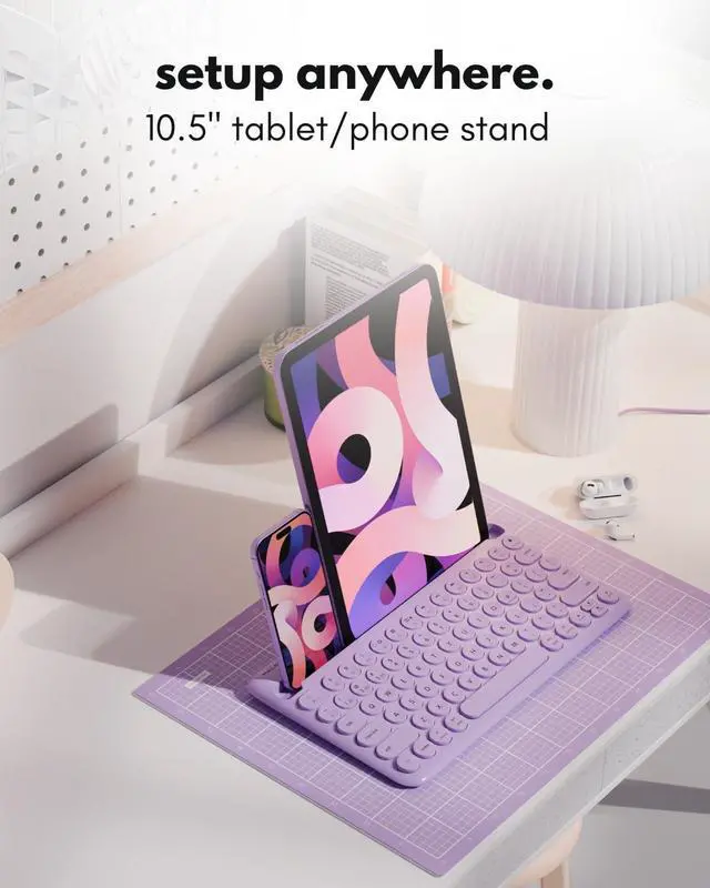 Alt view image 4 of 7 - Macally Small Wireless Bluetooth Keyboard for iPad mini/Air/Pro, iPhone, Tablet, and Phone - 78 Key iPad Keyboard with Built-in Stand - Universal Compatible Multi Device - Purple