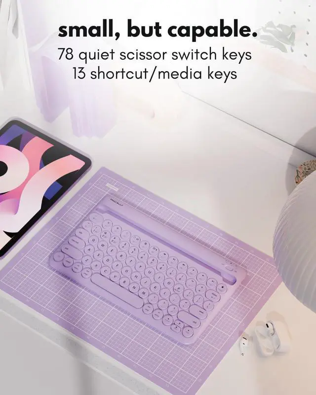 Alt view image 5 of 7 - Macally Small Wireless Bluetooth Keyboard for iPad mini/Air/Pro, iPhone, Tablet, and Phone - 78 Key iPad Keyboard with Built-in Stand - Universal Compatible Multi Device - Purple