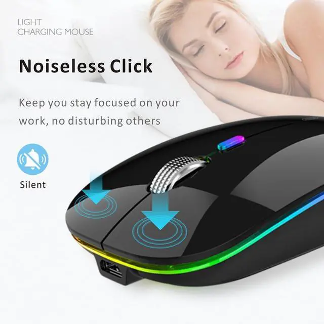 Alt view image 3 of 7 - Uiosmuph LED Wireless Mouse, G12 Slim Rechargeable Silent Mouse - Black | 2.4GHz Optical, USB C Charging, Quiet Click, LED, Portable, 1600DPI, USB Receiver, Type C Adapter, Cordless, for Laptop/Mac