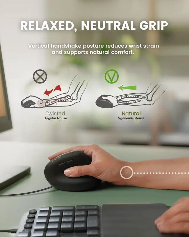 Alt view image 2 of 7 - Perixx PERIMICE-508II Wired Vertical Ergonomic Mouse - 6 Buttons, Adjustable DPI 1000/1600/3200/6400, Optical Sensor, USB Plug and Play, Right-Handed, Black
