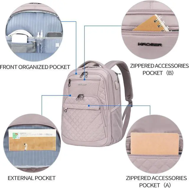 Alt view image 2 of 7 - KROSER Travel Laptop Backpack 17 Inch Large Computer Backpack Dusty Pink | Water-Repellent Daypack, USB Charging Port, RFID Pockets, for Work/Business/College/Men/Women, Quilted