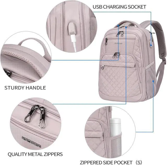 Alt view image 3 of 7 - KROSER Travel Laptop Backpack 17 Inch Large Computer Backpack Dusty Pink | Water-Repellent Daypack, USB Charging Port, RFID Pockets, for Work/Business/College/Men/Women, Quilted