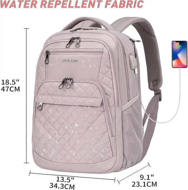 Alt view image 5 of 7 - KROSER Travel Laptop Backpack 17 Inch Large Computer Backpack Dusty Pink | Water-Repellent Daypack, USB Charging Port, RFID Pockets, for Work/Business/College/Men/Women, Quilted