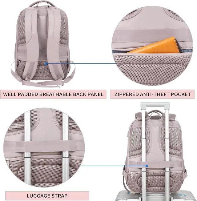 Alt view image 6 of 7 - KROSER Travel Laptop Backpack 17 Inch Large Computer Backpack Dusty Pink | Water-Repellent Daypack, USB Charging Port, RFID Pockets, for Work/Business/College/Men/Women, Quilted