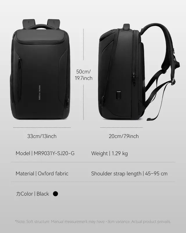 Alt view image 3 of 7 - Muzee MARK RYDEN Business Backpack for Men 17.3 Inch with USB Charging Port | Water-Resistant Travel Laptop Backpack, High Tech Backpack Fits Notebook & Tech Gea for Travel, Office, Commuting