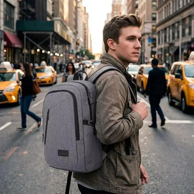 Alt view image 6 of 6 - Mancro Laptop Backpack for Travel, Anti-theft Business Backpack for Men | Water Resistant Work Daypack with Lock, Travel Computer Bag with Laptop Compartment Fits 15.6 Inch Laptop for Men Women, Grey