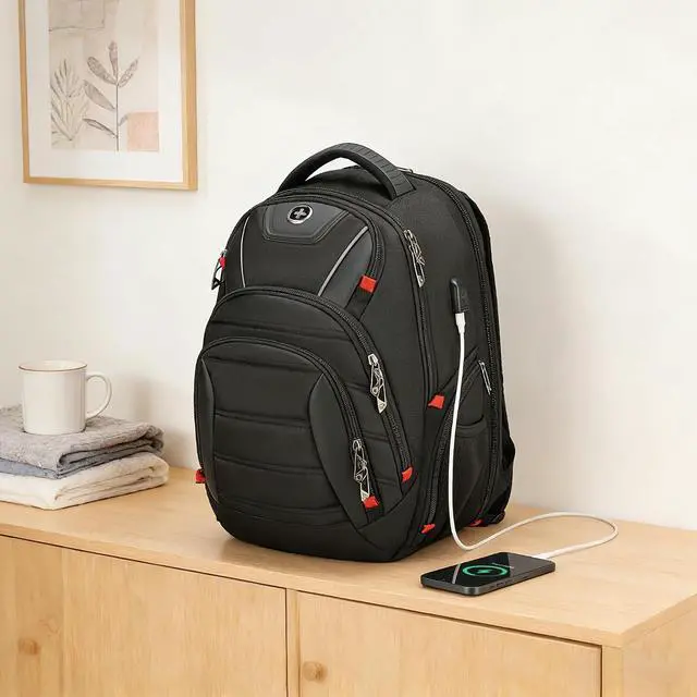 Alt view image 2 of 7 - Swissdigital Design Men's Laptop Backpack for College and Business Travel with Integrated USB Charging Port and RFID Protection Fits Laptops up to 15.6 in, Black | J14-BR