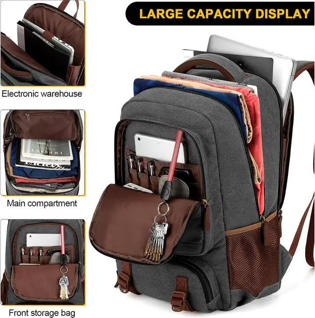 Alt view image 3 of 6 - Tzowla Canvas Laptop Backpack, Bag for Men Women,Travel Work Rucksack Fits 15.6 Inch Laptop, Large Capacity Bookbag(Dark Grey)