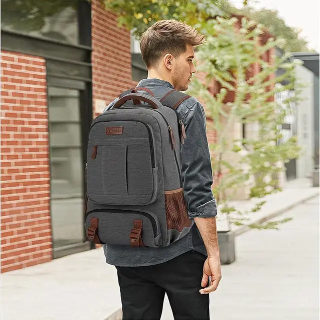 Alt view image 6 of 6 - Tzowla Canvas Laptop Backpack, Bag for Men Women,Travel Work Rucksack Fits 15.6 Inch Laptop, Large Capacity Bookbag(Dark Grey)