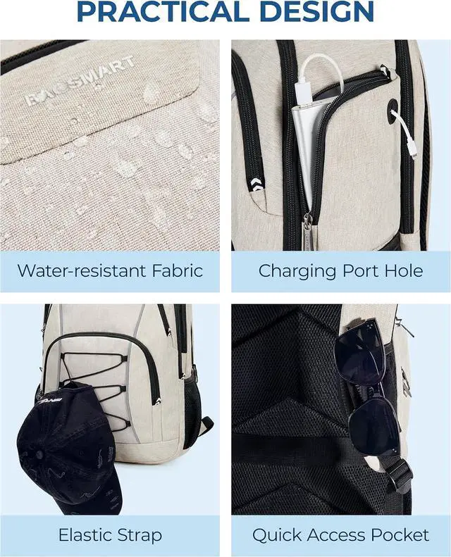 Alt view image 7 of 7 - BAGSMART Unisex Laptop Backpack, 15.6-inch Anti-Theft, Water Resistant, with USB Charger Hole, Beige