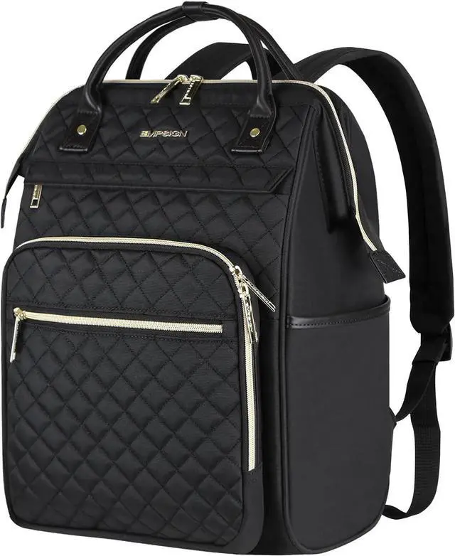 Main image of EMPSIGN 17 Inch Laptop Backpack for Women with Giant Tumbler Holder, Black | Computer Bag, Work Business Travel College, Large Capacity, Water-repellent, Quilted Casual Daypack