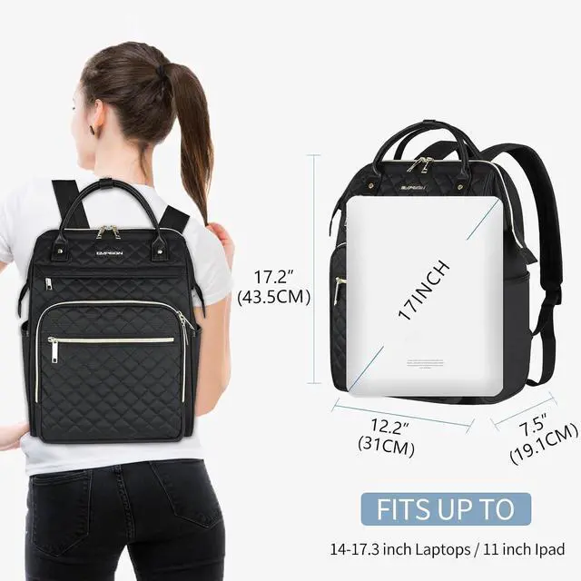 Alt view image 2 of 6 - EMPSIGN 17 Inch Laptop Backpack for Women with Giant Tumbler Holder, Black | Computer Bag, Work Business Travel College, Large Capacity, Water-repellent, Quilted Casual Daypack