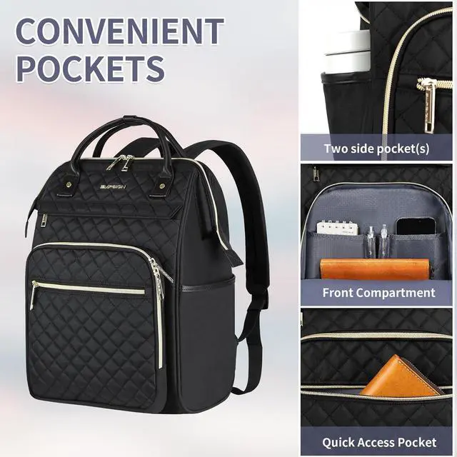 Alt view image 4 of 6 - EMPSIGN 17 Inch Laptop Backpack for Women with Giant Tumbler Holder, Black | Computer Bag, Work Business Travel College, Large Capacity, Water-repellent, Quilted Casual Daypack