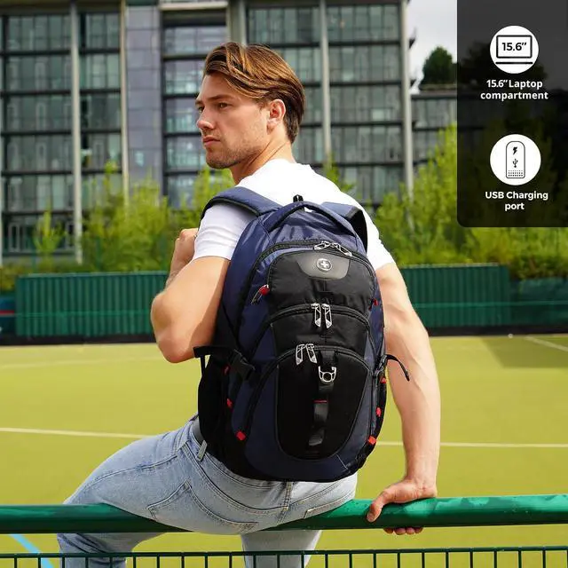 Alt view image 6 of 7 - Swissdigital Design Laptop Backpack with USB Charging Port, Travel Backpack Fits 15.6 inches Computer, 31l College School Backpack for Men, Blue/Black | SD803-12