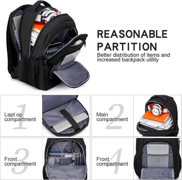 Alt view image 2 of 6 - Laptop Backpack for Men Women, School Backpacks for Boys Girls | Water Resistant Black Backpack 15.6 Inch College Bookbag Daypack