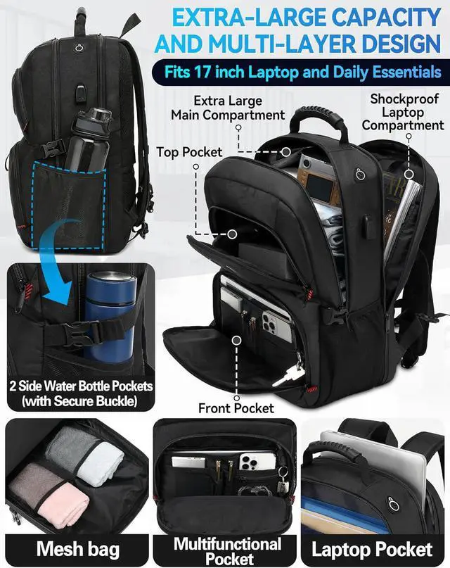 Alt view image 3 of 6 - ProEtrade Travel Backpack, Extra Large Laptop Backpack Business Anti Theft TSA Approved College Work Computer Bag Fits 17 Inch Laptop with USB Charging Port for Women Men(Black)