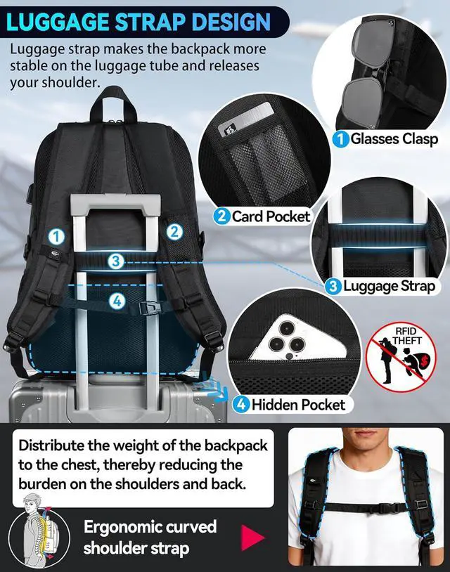 Alt view image 4 of 6 - ProEtrade Travel Backpack, Extra Large Laptop Backpack Business Anti Theft TSA Approved College Work Computer Bag Fits 17 Inch Laptop with USB Charging Port for Women Men(Black)