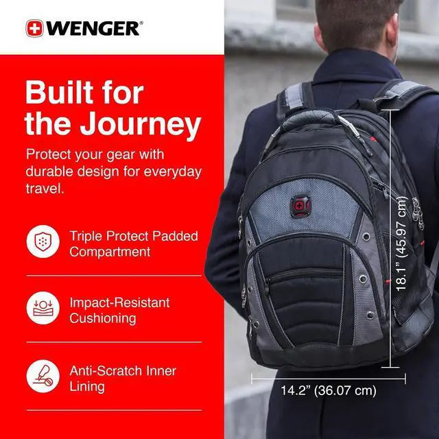 Alt view image 2 of 7 - Wenger Synergy Laptop Backpack, Fits 16 Inch Laptop, Men's and Women's Laptop Bag, Black/Grey | Fits 16 Inch Laptop, men's, bag