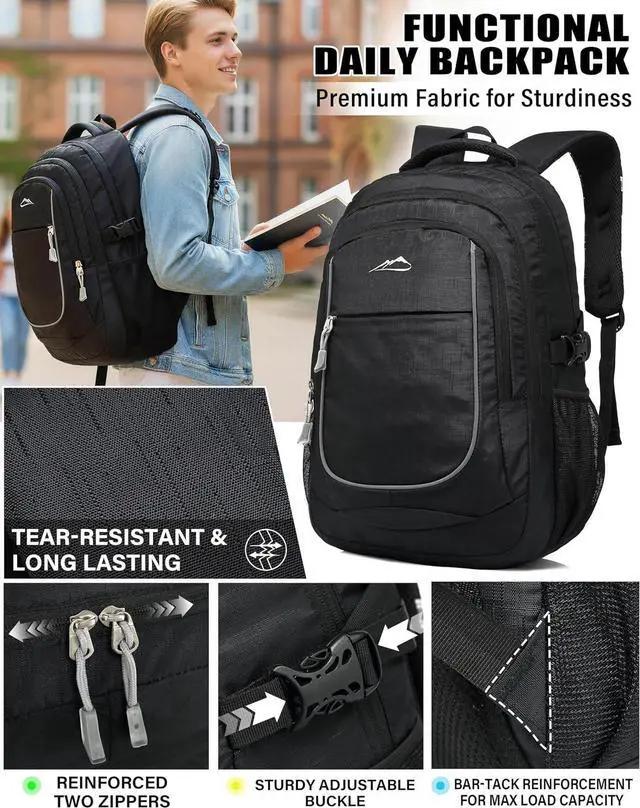 Alt view image 3 of 7 - ProEtrade Backpack Bookbag for College Sturdy Travel Business Hiking Fit Laptop Up to 15.6 Inch Multi Compartment Gifts for Men Women Night Light Reflective (Black)