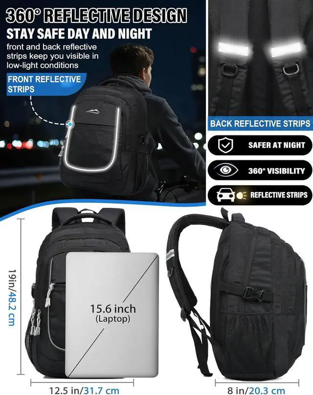 Alt view image 4 of 7 - ProEtrade Backpack Bookbag for College Sturdy Travel Business Hiking Fit Laptop Up to 15.6 Inch Multi Compartment Gifts for Men Women Night Light Reflective (Black)
